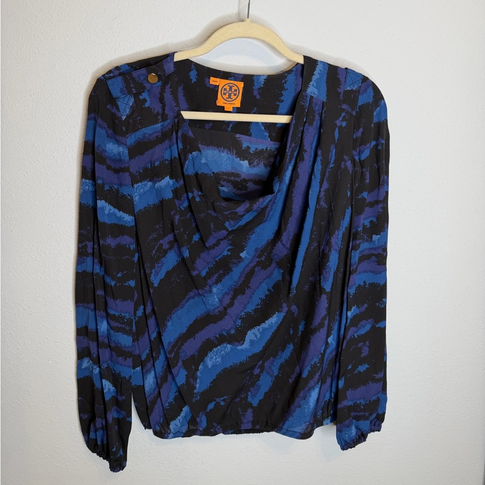 Tory Burch Silk Drape Cowl Neck Blouse Size 4 Navy Blue/Black Abstract Print